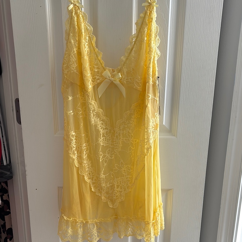 Fashion Nova Yellow Velvet Chemise with Lace Trim